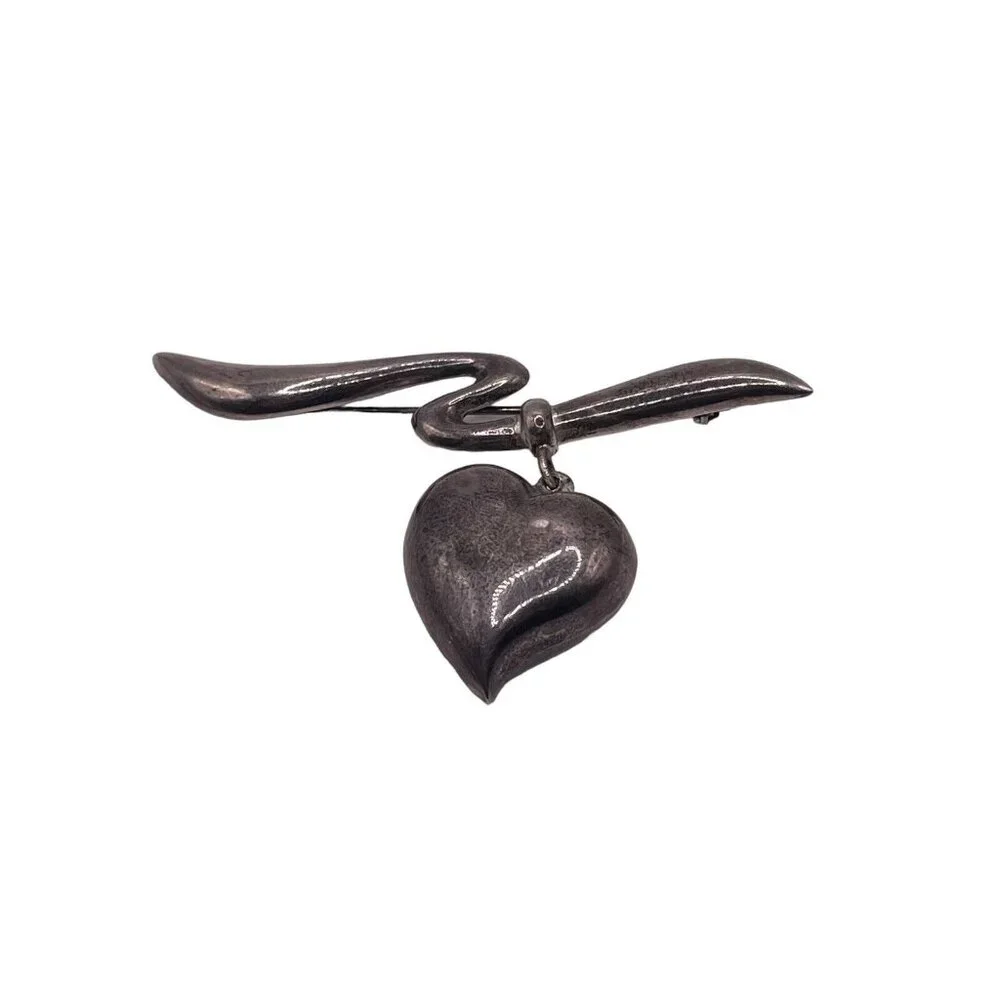 Vintage Sterling Silver 925 Puffy Dangle Heart Hollow Ribbon Brooch Pin 9g‎ MCM
